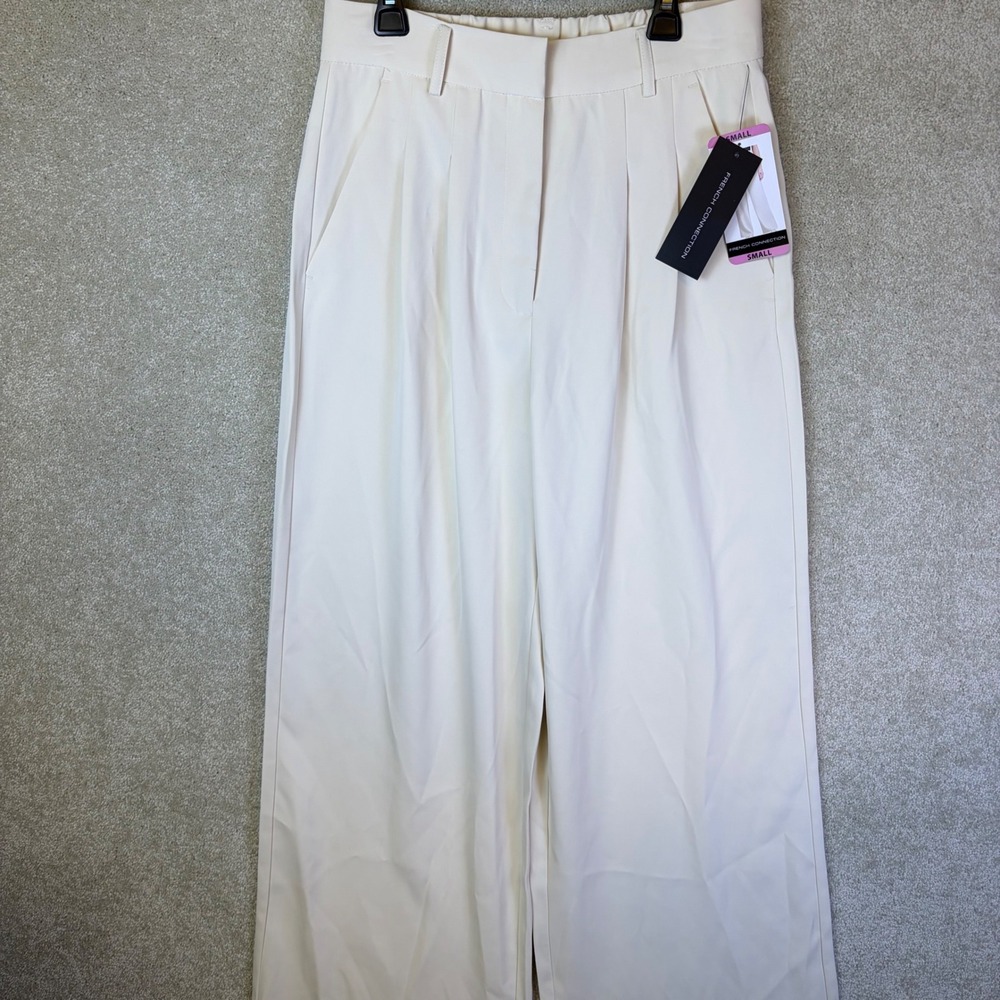 French Connection Wide Leg Trouser Womens Small Cream Pleated High Waist NEW